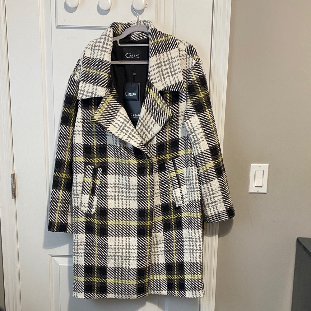 Ina Black, White, and Yellow Plaid Women's Pea Coat